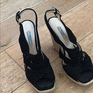 Prada Black Strappy Wedge Shoes
